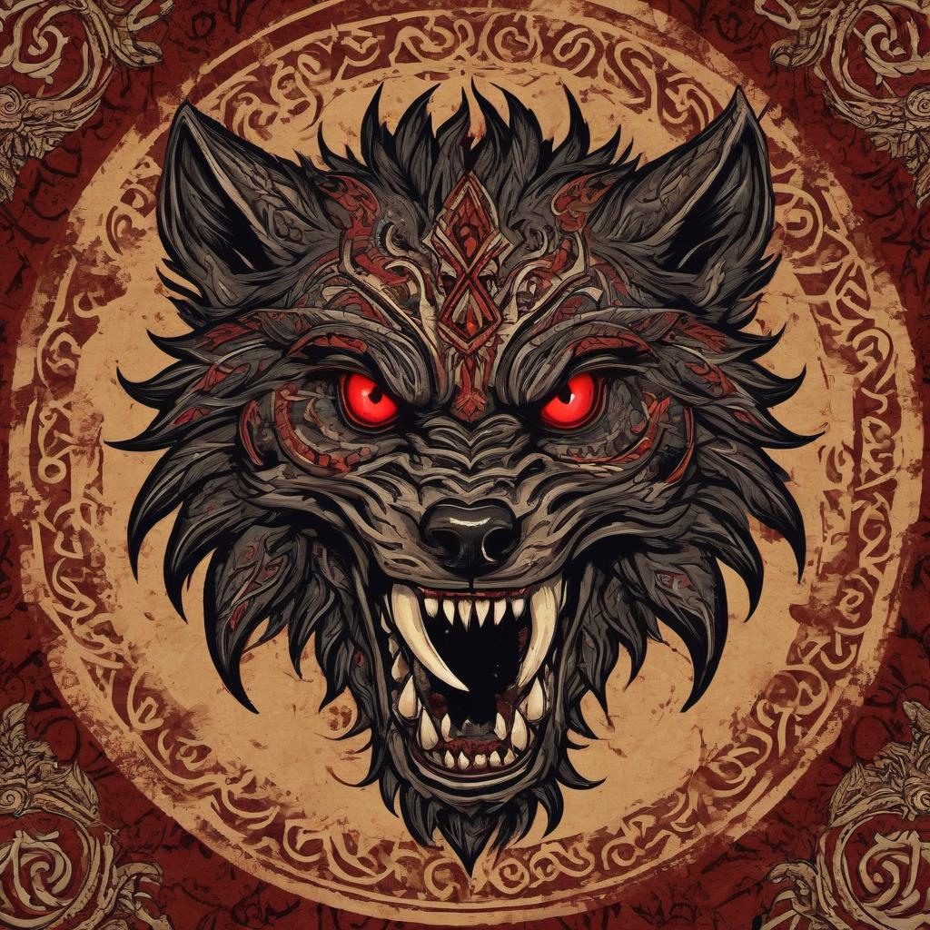  tribal style "The logo depicts the Fenrir, a monster from Scandinavian mythology, detailed with fangs in a nightmare setting, with bloodux, on a 4K background," . indigenous, ethnic, traditional patterns, bold, natural colors, highly detailed