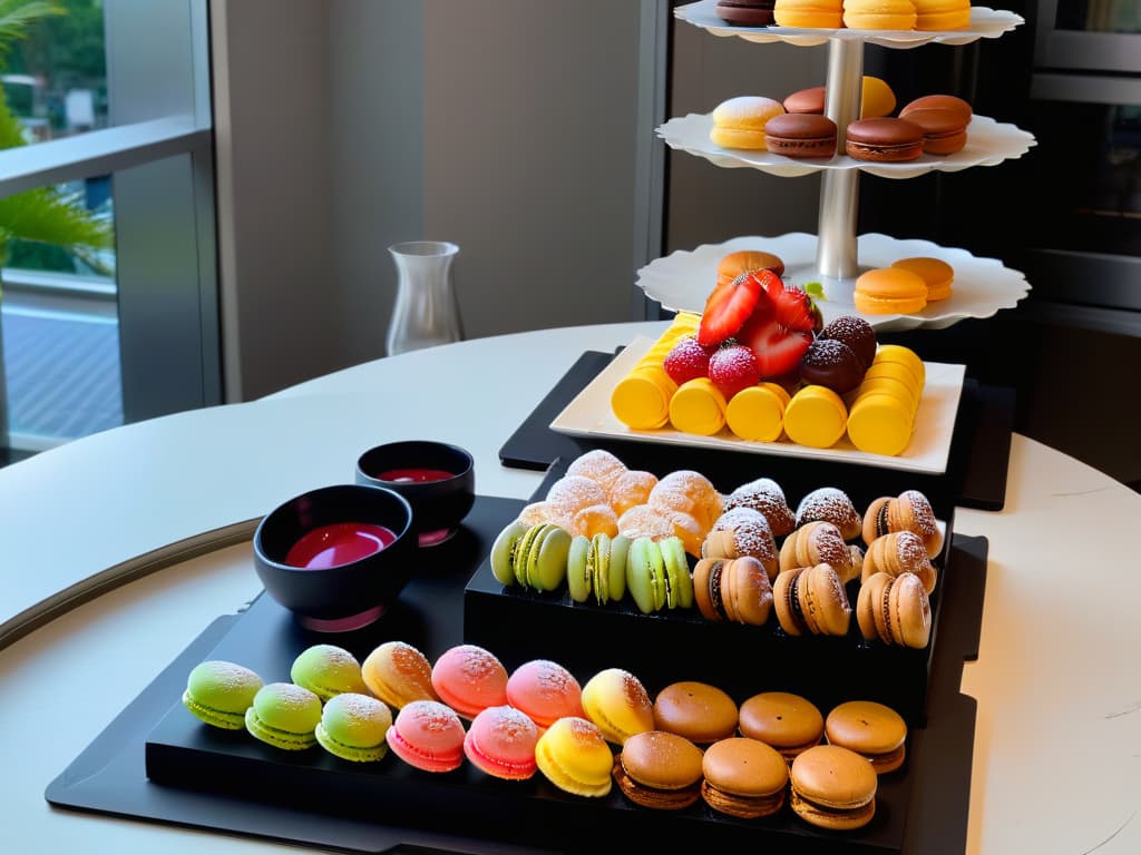  A highresolution image of a sleek, modern kitchen countertop adorned with an array of colorful international pastries from different countries such as French macarons, Italian cannoli, Japanese mochi, Spanish churros, and American cupcakes. The pastries are beautifully arranged on elegant serving platters, showcasing the diversity and artistry of international dessert recipes. The minimalist aesthetic highlights the vibrant colors and intricate details of each pastry, inviting readers to explore the world of international baking through visually appealing and appetizing treats. hyperrealistic, full body, detailed clothing, highly detailed, cinematic lighting, stunningly beautiful, intricate, sharp focus, f/1. 8, 85mm, (centered image composition), (professionally color graded), ((bright soft diffused light)), volumetric fog, trending on instagram, trending on tumblr, HDR 4K, 8K