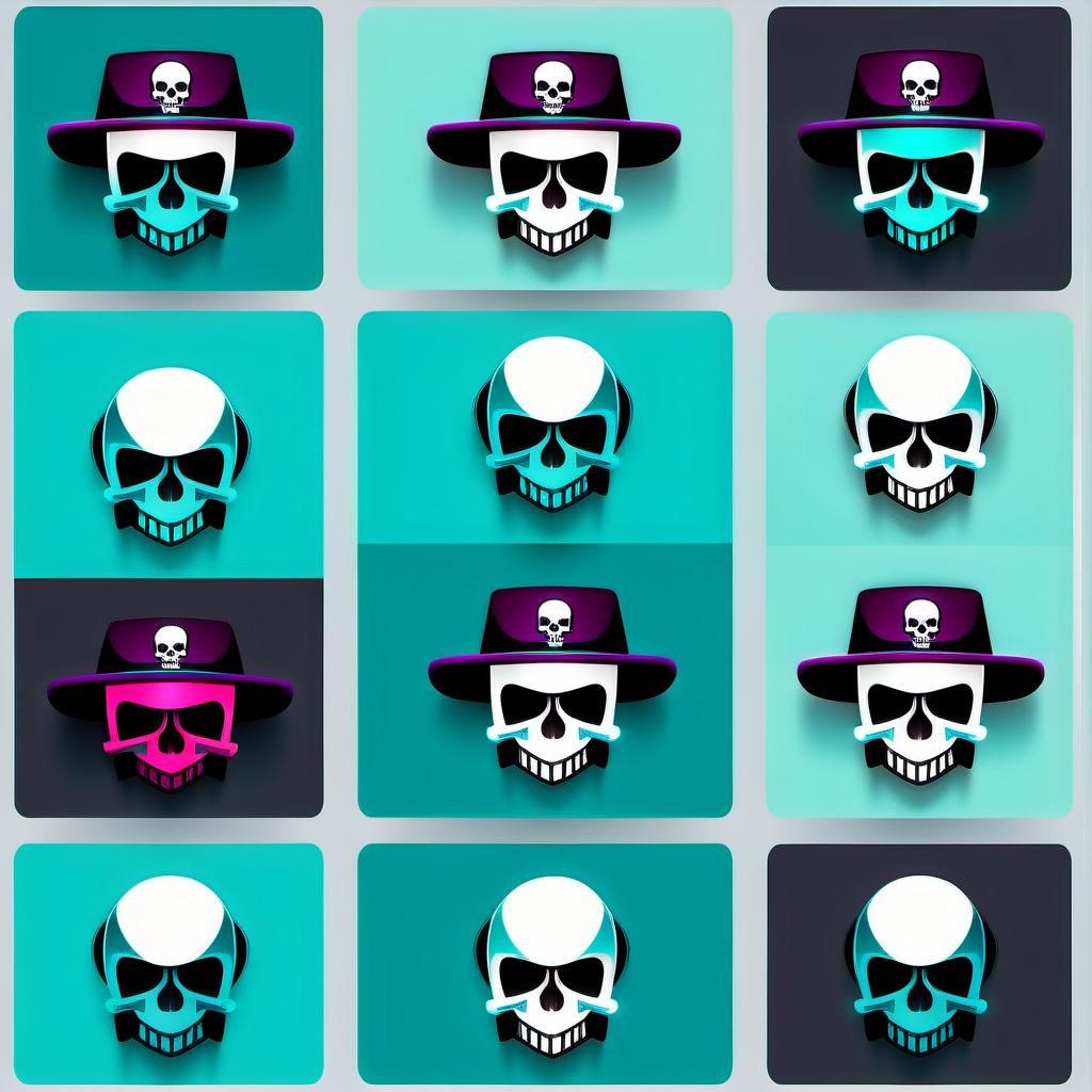  Icons and symbols for Streamer at level, skull in hat, stylish, bordeois and cyan color.