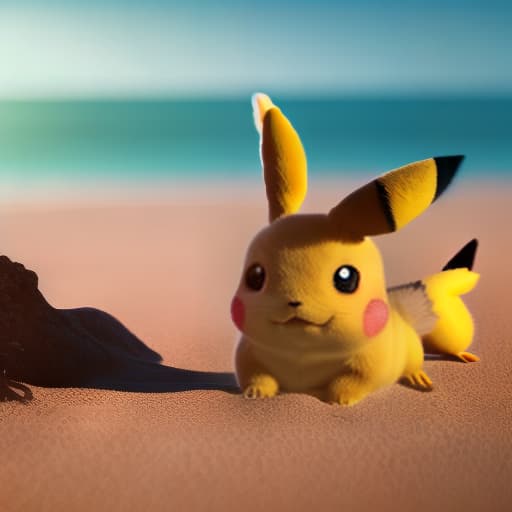 redshift style Pikachu playing in the beach with eevee and charmander