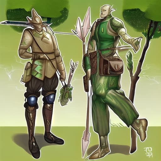  nature background warforged, his body fully is a tree body robot, behind him it's a large satchel bag, he holding a longbow in his hand, in large satchel bag is arrow, he wereing ranger clothes.