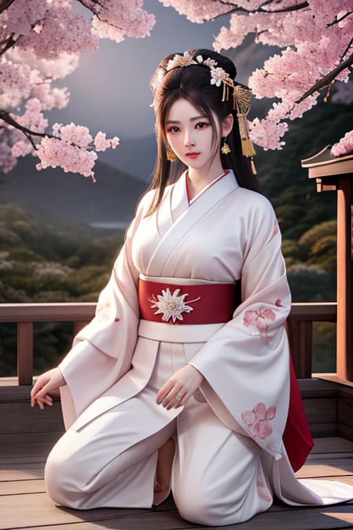  (masterpiece), (extremely intricate:1.3), (realistic), soft lighting ,Narrow and thin eyebrows , The white make up and beautiful Kyoto Shimabara Taifu Hairstyle ,wear a red sakura Japanese kimono, kneeling barefoot in the water ,background of Sakura forest and Mont Fuji ,professional photograph of a stunning quality of Ancient Japanese geisha’s detailed, cinematic lighting, octane render, unreal engine, volumetric dtx, (film grain), 8k photorealistic, cinematic lighting, HD, high details , trending on artstation, high quality shot, film still , a (masterpiece), (extremely intricate:1.3), (realistic), soft lighting, Narrow and thin eyebrows , red rose Shimada bun ,wear red reflections sakura Japanese kimono, kneeling barefoot in the wate hyperrealistic, full body, detailed clothing, highly detailed, cinematic lighting, stunningly beautiful, intricate, sharp focus, f/1. 8, 85mm, (centered image composition), (professionally color graded), ((bright soft diffused light)), volumetric fog, trending on instagram, trending on tumblr, HDR 4K, 8K