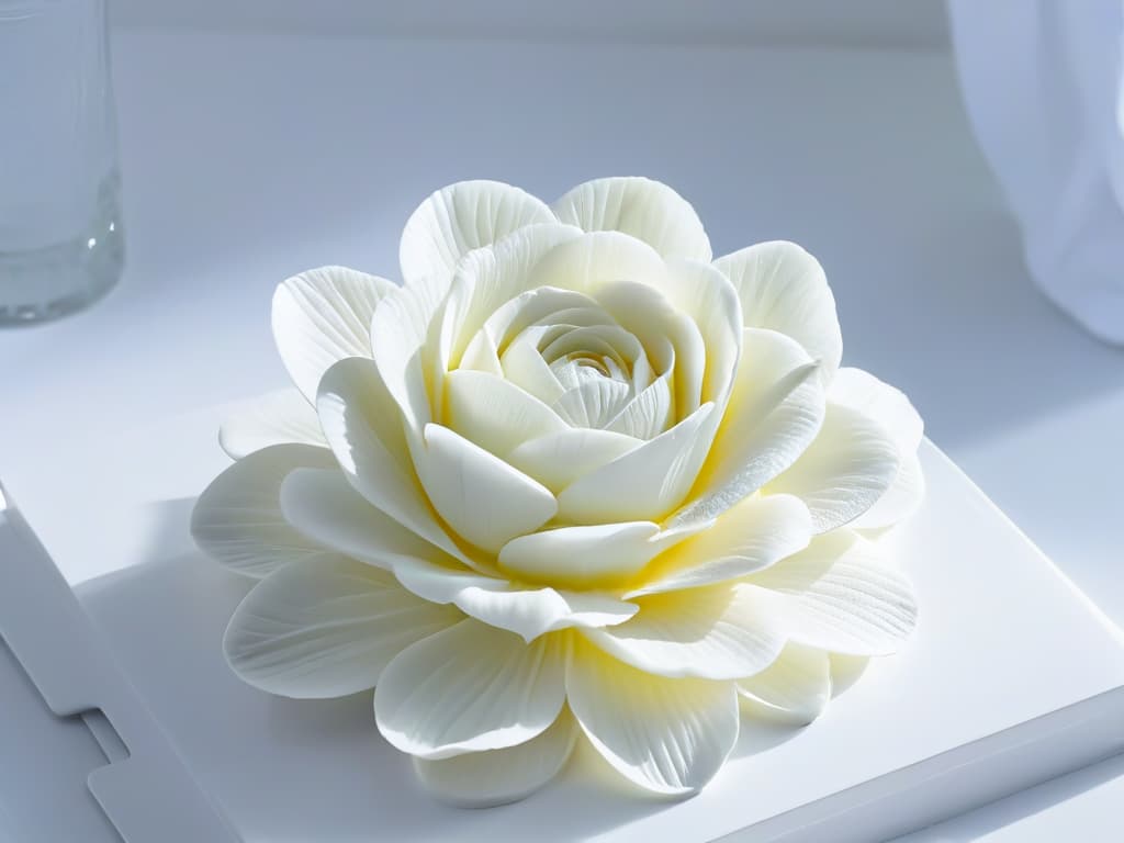  An ultradetailed closeup image of a delicate, intricately designed sugar flower created with precision by a 3D printer, showcasing the fine details and craftsmanship of modern pastry artistry. The flower is set against a clean, white background, emphasizing its elegant and minimalistic aesthetic while highlighting the innovative technology behind its creation. hyperrealistic, full body, detailed clothing, highly detailed, cinematic lighting, stunningly beautiful, intricate, sharp focus, f/1. 8, 85mm, (centered image composition), (professionally color graded), ((bright soft diffused light)), volumetric fog, trending on instagram, trending on tumblr, HDR 4K, 8K