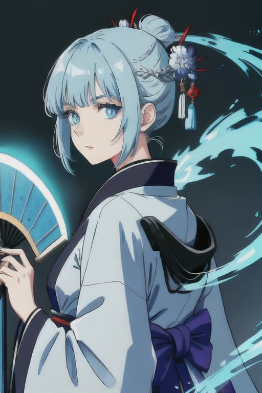  Her hair and eyes are light blue, eyes glow, kimono, back collar is dressed so that it can be opened widely from nape to back, holding a fan