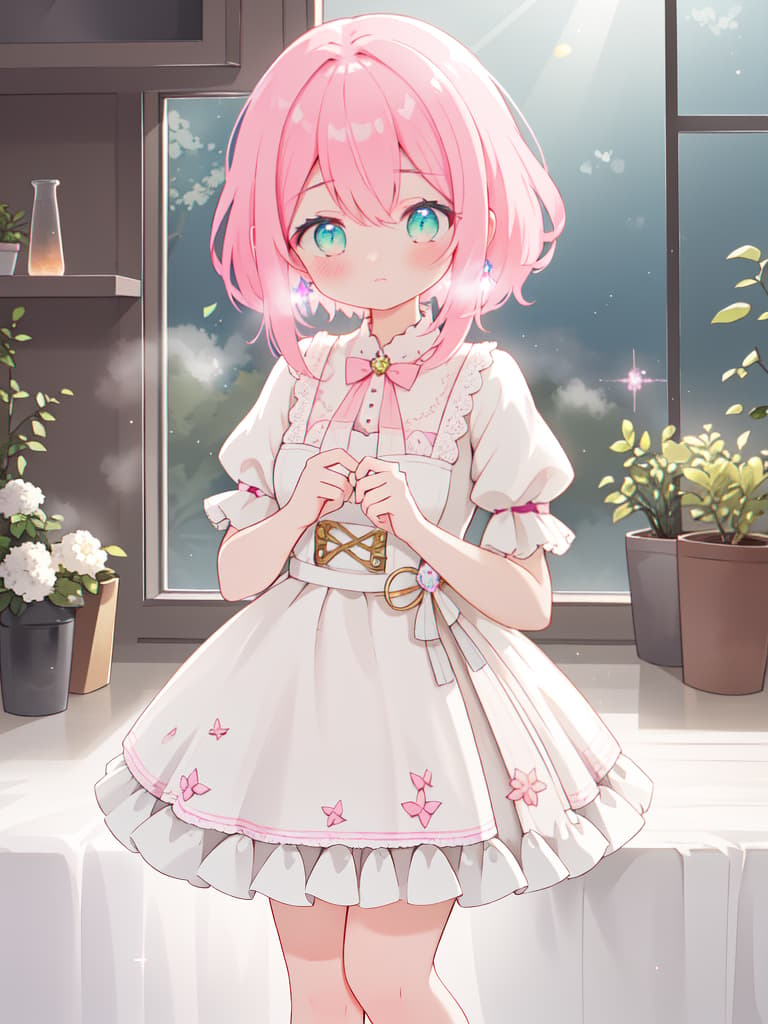  , cute , kitchen disease, shy, pink hair, style thin, open air , masterpiece, best quality,8k,ultra detailed,high resolution,an extremely delicate and beautiful,hyper detail hyperrealistic, full body, detailed clothing, highly detailed, cinematic lighting, stunningly beautiful, intricate, sharp focus, f/1. 8, 85mm, (centered image composition), (professionally color graded), ((bright soft diffused light)), volumetric fog, trending on instagram, trending on tumblr, HDR 4K, 8K