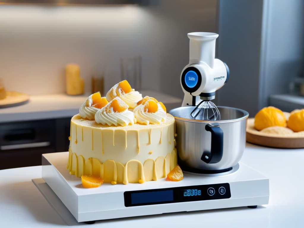  A photorealistic image of a modern kitchen countertop filled with hightech baking gadgets like a sleek digital scale, a futuristic looking stand mixer, and a cuttingedge 3D printer specifically designed for creating intricate dessert decorations. The background shows a computer screen displaying a sophisticated design software interface with colorful and artistic dessert patterns. The overall scene conveys a perfect blend of technology and creativity in the realm of digital pastry artistry. hyperrealistic, full body, detailed clothing, highly detailed, cinematic lighting, stunningly beautiful, intricate, sharp focus, f/1. 8, 85mm, (centered image composition), (professionally color graded), ((bright soft diffused light)), volumetric fog, trending on instagram, trending on tumblr, HDR 4K, 8K