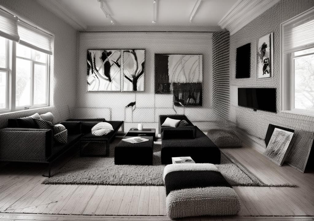 modern artistic living room interior, high contrast, sculptural furniture, abstract wall art, deep shadows and light layering, minimalist layout, creative lighting, photorealistic, large windows