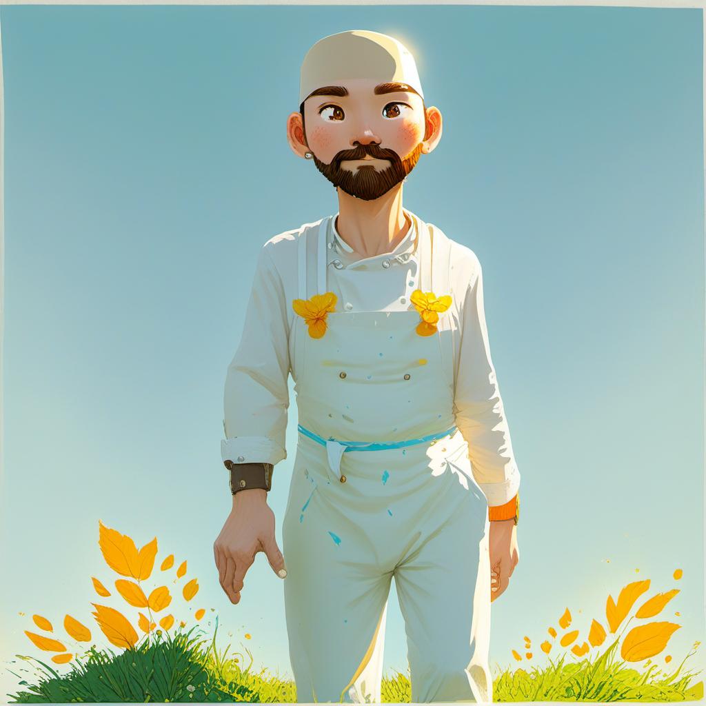  a man walking on a mountain,,a rocky mountain,,a robust, cheerful male chef with a bushy beard, wearing a traditional white chef's hat, a white shirt, and a white apron, and black trousers, white shoes. he has a confident and warm expression, exuding friendliness and strength. the character is detailed with realistic textures and a slightly fantasy inspired aesthetic.,sky blue (#87ceeb), sun yellow (#ffd700), bright white (sunlight reflection) (#ffffff), soft green (grass) (#98fb98), warm orange (sunrise/sunset accent) (#ffa07a),high quality, cartoonish, 4k, comic style, manga and manhwa style, (((painting style)))