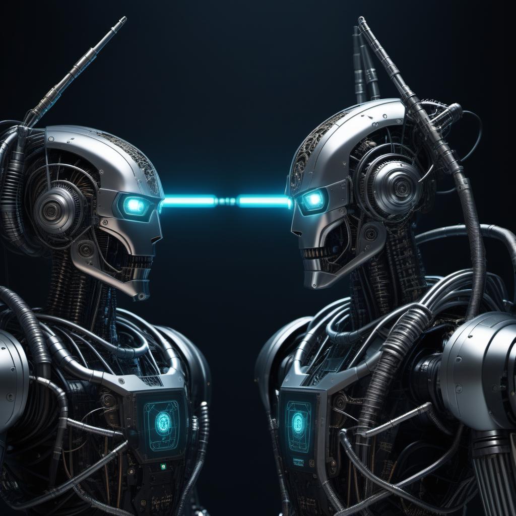  biomechanical cyberpunk "Two evil robots confrontation" . cybernetics, human-machine fusion, dystopian, organic meets artificial, dark, intricate, highly detailed