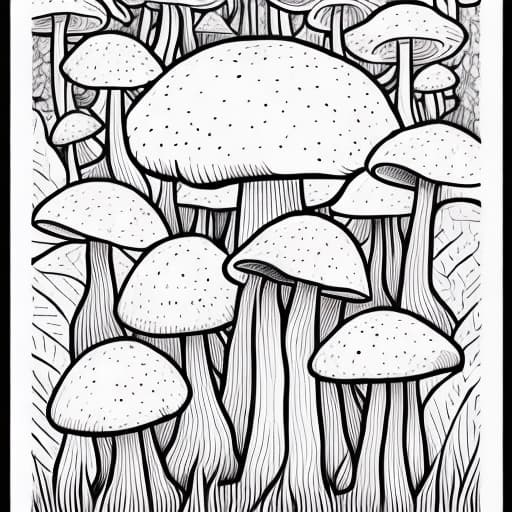  A forest of colossal mushrooms, their caps like umbrellas sheltering delicate, glowing flora, adult coloring sheet, contour, vector, clean line art, white background, detailed, black and white, in the style of kalamkari design, with meticulously details