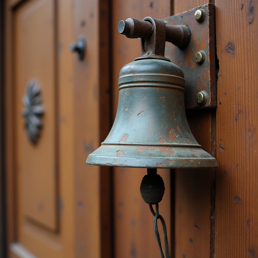  good quality, high quality, old rusty metal bell hanging on wooden door