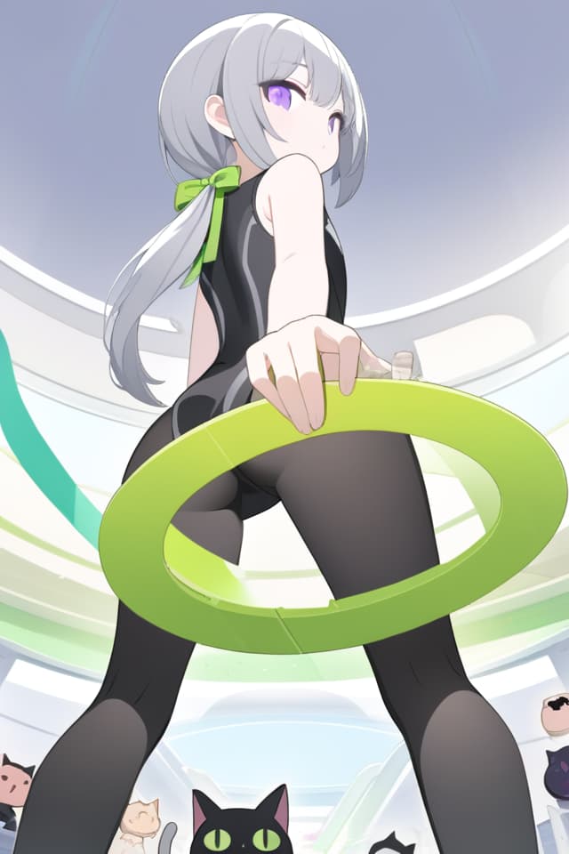  (Silver Color Low Ponytail: 1.2), BREAK, ((Cats Ear: 1.2, Put A Big Green Color Ribbon on The Head: 1.4)), (Purple Eyes, JITOME: 1.4) ((Black ONE PIECE: 1.6), BLACK TIGHTS, FROM BELOW, LOOKING BACK, (Absurdres, masterpieces, ultimate quality), official art, aesthetic, (diffusion lighting, environmental lighting), detailed skin textures, best shadows, Very detailed, colorful, 8K Wallpaper, Raw Photoristic Detailed, Dutch Angle, 💩, 💩,