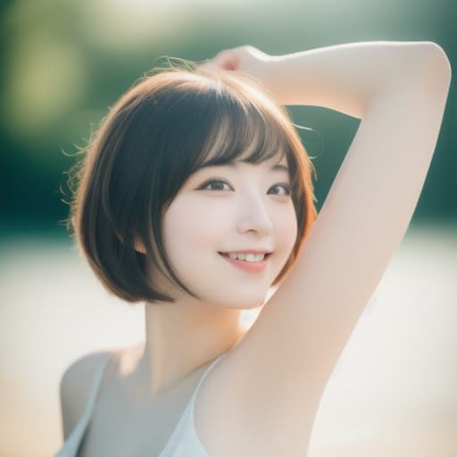  (8k, RAW photo, best quality, masterpiece:1.2), (realistic, photo-realistic:1.4), (extremely detailed 8k wallpaper), sharp focus, depth of field, blur background, bokeh,  cinematic lighting, soft light, upper body, cute japanese idol arms up on the beach.short hair, , smile,
