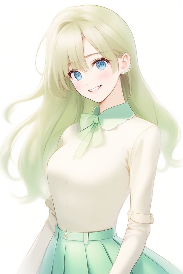  Gentle ilration style,heroine,masterpiece,,beautiful ,glossy straw colored hair,high ponytail,blue eyes,,slender,smiling {(off white )(round collar with scalloped ends)}(pale green flared )(top half up),high quality,8K,16K