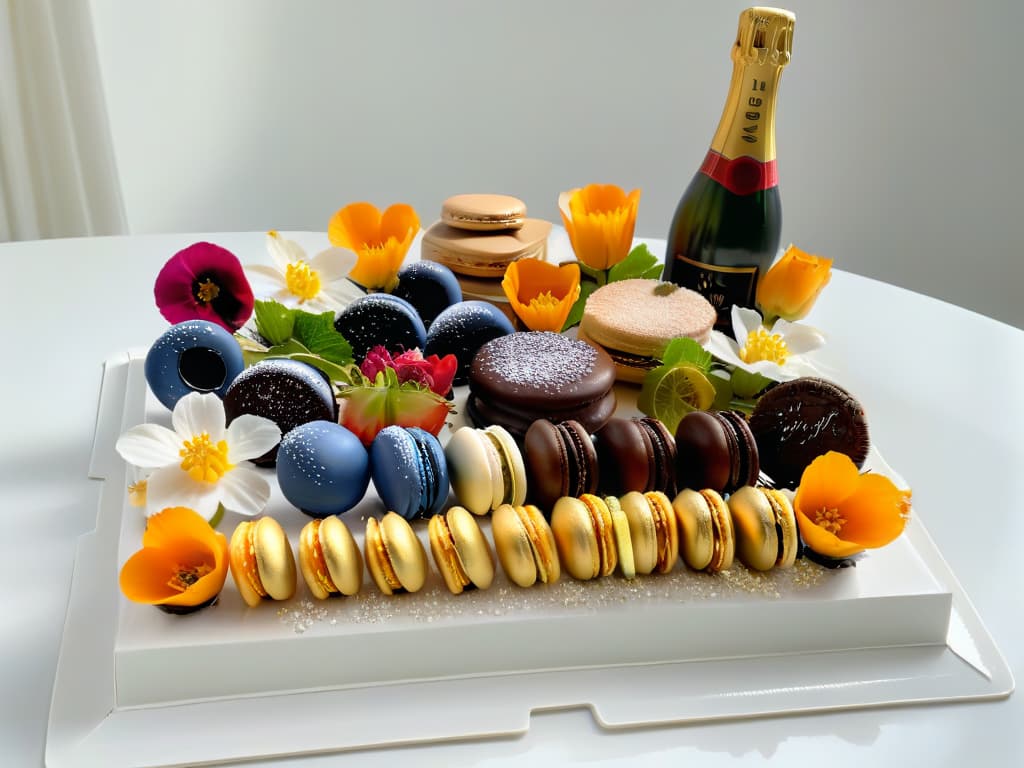  An ultradetailed, 8k image of a luxurious dessert platter showcasing a variety of highend treats such as intricately decorated macarons, glossy chocolate truffles, shimmering gold leafcovered cakes, delicate fruit tarts adorned with edible flowers, and elegant champagne glasses filled with sparkling beverages. The desserts are artfully arranged on a sleek, modern white platter with soft, indirect lighting casting gentle shadows, creating a visually stunning and mouthwatering display fit for the most exclusive dining experiences. hyperrealistic, full body, detailed clothing, highly detailed, cinematic lighting, stunningly beautiful, intricate, sharp focus, f/1. 8, 85mm, (centered image composition), (professionally color graded), ((bright soft diffused light)), volumetric fog, trending on instagram, trending on tumblr, HDR 4K, 8K