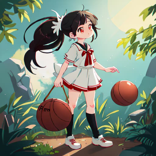  anime girl black hair bright dark brown eyes red and white basketball uniform with the number 18 and the name Nicky white and black shoes Have your hair in a medium high ponytail with two strands on the sides of your ears, have a basketball and look full body Pastel Palette, Da Vinci's Dreams, Picasso's , Sunrise Splendors, Floral Fantasy, Mystical Moonscapes, Urban Nature, Crystal Clear, Cinematic hyperrealistic, full body, detailed clothing, highly detailed, cinematic lighting, stunningly beautiful, intricate, sharp focus, f/1. 8, 85mm, (centered image composition), (professionally color graded), ((bright soft diffused light)), volumetric fog, trending on instagram, trending on tumblr, HDR 4K, 8K