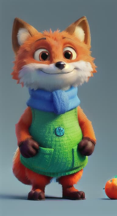  {Error the fox pressing the blue button with his paw, looking puzzled as nothing occurs., Error is a small, bright orange fox with a fluffy tail and big, inquisitive eyes. He has a mischievous yet kind expression and wears a tiny green scarf.