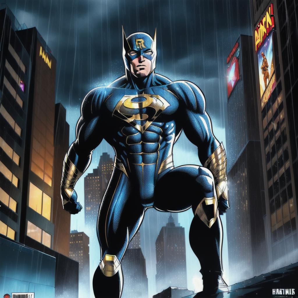  caucasian full body superhero in a city background. Comic book style, highly detailed, sharp details, award winning, raining