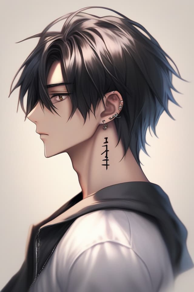  Profile, man ((with black eyeliner under your eyes))) (Tattoo on the neck), Male, 16, (Close UP UPPER BODY) Masterpiece (Handsome) Glossy Black Hair (Short Cut with Long Bangs) ) (Cool Express), High Definition, High Definition, 8k, 16k