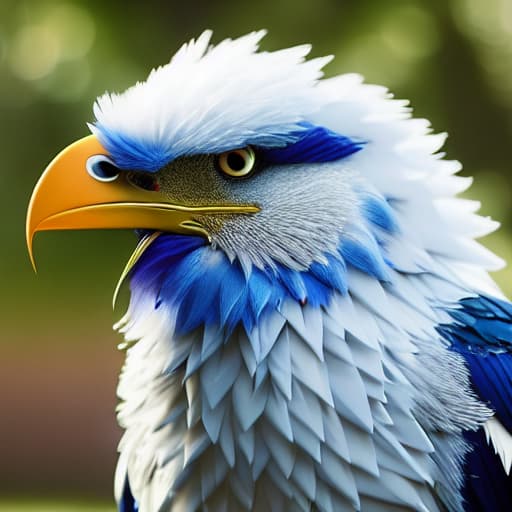  A white big bird with blue eyes and wound on one eye.big chest with alot of feathers,long beak,wings and tail. hyperrealistic, full body, detailed clothing, highly detailed, cinematic lighting, stunningly beautiful, intricate, sharp focus, f/1. 8, 85mm, (centered image composition), (professionally color graded), ((bright soft diffused light)), volumetric fog, trending on instagram, trending on tumblr, HDR 4K, 8K