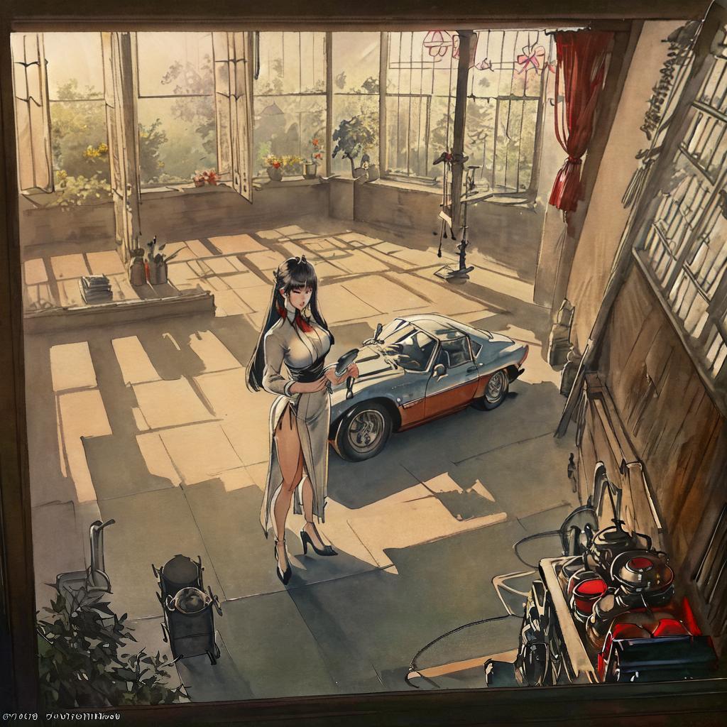  An (ultra-detailed) ((8k)) representation of a (1970s) NSX, a true masterpiece with (((best quality))). It portrays the classic car parked in a (vintage) (garage) with (mechanic tools) scattered around, (reflecting) the (sunlight) that enters through the (windows), creating (interesting shadows) on the car's sleek (red) body. hyperrealistic, full body, detailed clothing, highly detailed, cinematic lighting, stunningly beautiful, intricate, sharp focus, f/1. 8, 85mm, (centered image composition), (professionally color graded), ((bright soft diffused light)), volumetric fog, trending on instagram, trending on tumblr, HDR 4K, 8K