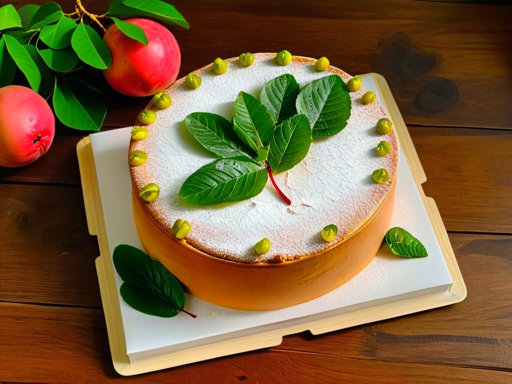  A highresolution, minimalist image of a freshly baked guava cake placed on a rustic wooden table, surrounded by vibrant green guava leaves and a scattering of sliced guavas. The cake is beautifully decorated with a light dusting of powdered sugar and a few delicate guava slices on top, exuding an inviting aroma and a sense of tradition and culinary artistry. The natural lighting highlights the textures of the cake and the rich colors of the guava fruit, creating a visually appealing and appetizing scene that perfectly complements the theme of the article. hyperrealistic, full body, detailed clothing, highly detailed, cinematic lighting, stunningly beautiful, intricate, sharp focus, f/1. 8, 85mm, (centered image composition), (professionally color graded), ((bright soft diffused light)), volumetric fog, trending on instagram, trending on tumblr, HDR 4K, 8K