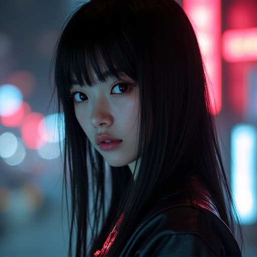  upper body, beautiful (21yo) japanese woman, (straight hair), (cyberpunk)