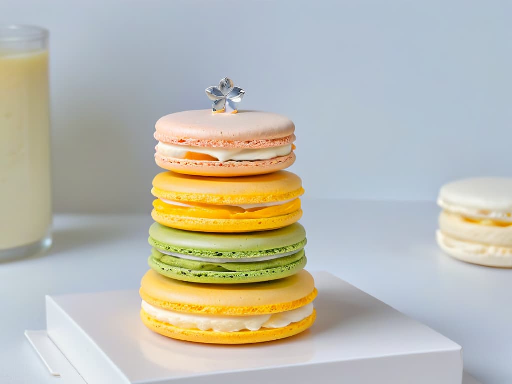  A closeup, ultradetailed image of a delicate French macaron tower, showcasing an array of pastel colors and intricate details, set against a simple, elegant white background. hyperrealistic, full body, detailed clothing, highly detailed, cinematic lighting, stunningly beautiful, intricate, sharp focus, f/1. 8, 85mm, (centered image composition), (professionally color graded), ((bright soft diffused light)), volumetric fog, trending on instagram, trending on tumblr, HDR 4K, 8K