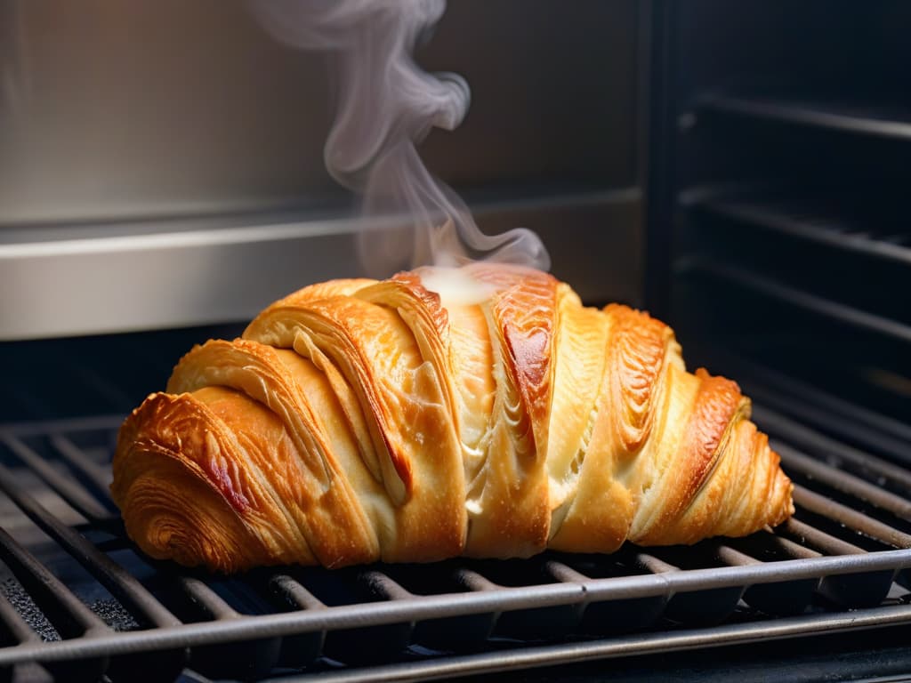  An intricately detailed closeup of a golden, flaky croissant emerging from the oven, with steam gently rising from its perfectly baked layers. The buttery aroma seems to waft off the screen, and the texture of the pastry appears so lifelike that viewers may almost hear the delicate crunch as they imagine taking a bite. hyperrealistic, full body, detailed clothing, highly detailed, cinematic lighting, stunningly beautiful, intricate, sharp focus, f/1. 8, 85mm, (centered image composition), (professionally color graded), ((bright soft diffused light)), volumetric fog, trending on instagram, trending on tumblr, HDR 4K, 8K