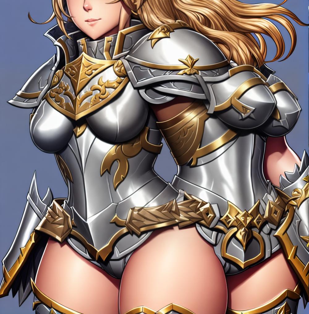  <lora:Roadi3-NAI-LyCORIS:0.8> a proud female paladin with some very healthy thighs wearing full armor, cross, pauldrons, gauntlets, gold_trim, simple background