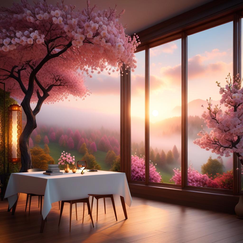  ethereal fantasy concept art of (Background):summer evening. (Interior) Window with pink curtains. Table on the table is a table lamp with a lampshade. (Table lamp design):The leg of the table lamp is made in the shape of a sakura trunk. There are small birds sitting on the branches. The lamp shade is gold coloured Empire style with white and pink cherry blossoms and flying petals embroidered on it. . magnificent, celestial, ethereal, painterly, epic, majestic, magical, fantasy art, cover art, dreamy hyperrealistic, full body, detailed clothing, highly detailed, cinematic lighting, stunningly beautiful, intricate, sharp focus, f/1. 8, 85mm, (centered image composition), (professionally color graded), ((bright soft diffused light)), volumetric fog, trending on instagram, trending on tumblr, HDR 4K, 8K