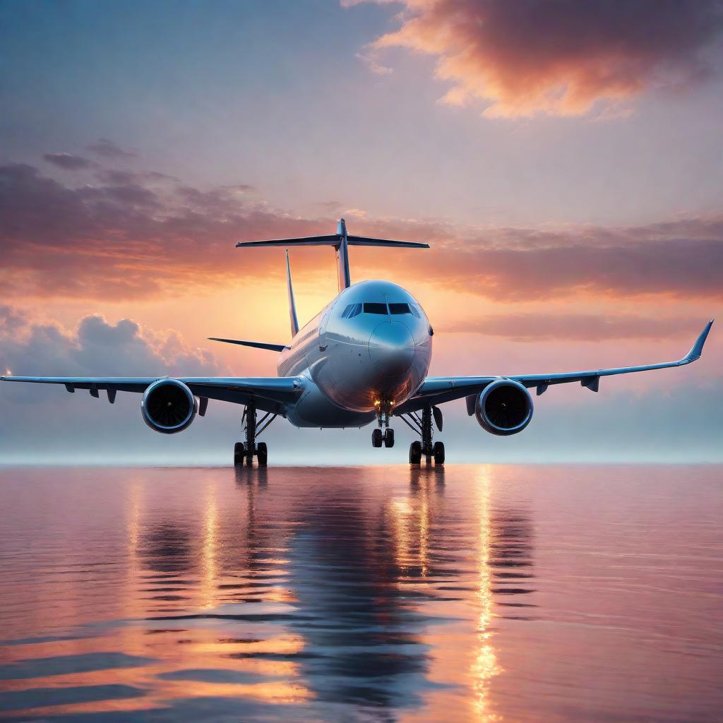  Create a highly detailed, realistic image of a commercial airplane taking off over the ocean during early morning. The airplane should emanate a sense of grandeur and strength as it ascends into the sky. The early morning light should cast a warm golden glow over the scene, with the sun just peeking above the horizon, reflecting on the ocean's surface. The sky should have light pastel hues of orange and purple blending into the soft blue of the breaking day. The ocean should be calm, with gentle ripples and the colors of the sunrise reflecting off the water. There may be a few seagulls in the distance, following the plane's trajectory. The overall mood should be serene and hopeful, capturing the quiet but powerful moment of takeoff into a n hyperrealistic, full body, detailed clothing, highly detailed, cinematic lighting, stunningly beautiful, intricate, sharp focus, f/1. 8, 85mm, (centered image composition), (professionally color graded), ((bright soft diffused light)), volumetric fog, trending on instagram, trending on tumblr, HDR 4K, 8K