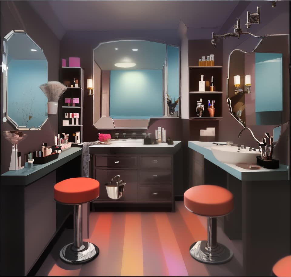  A powder room with mirrors and a table with lots of cosmetics and a lot of buckets of brushes