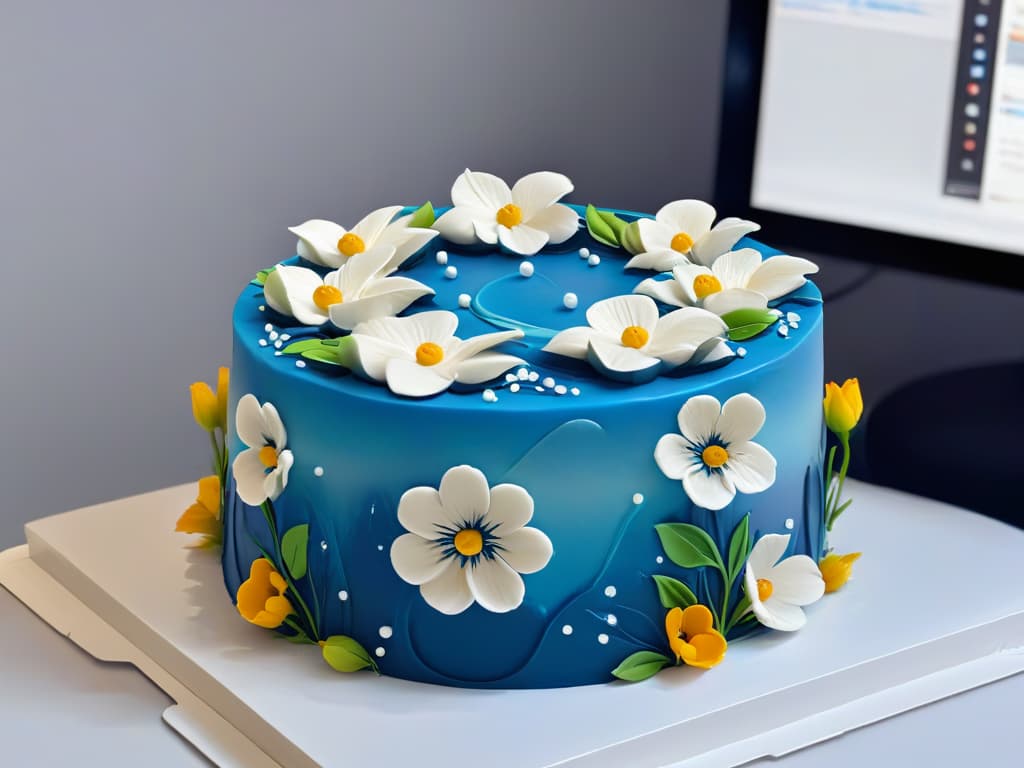  A closeup, ultradetailed image of a beautifully decorated, intricate fondant cake being animated on a computer screen. The focus is on the screen, showing a sleek and minimalistic animation software interface with various tools and layers visible, while the cake comes to life with subtle movements and enhancements. The design of the cake is elegant and detailed, with delicate sugar flowers and intricate piping work, showcasing the potential of using animation software to bring culinary creations to a new level of artistry. hyperrealistic, full body, detailed clothing, highly detailed, cinematic lighting, stunningly beautiful, intricate, sharp focus, f/1. 8, 85mm, (centered image composition), (professionally color graded), ((bright soft diffused light)), volumetric fog, trending on instagram, trending on tumblr, HDR 4K, 8K