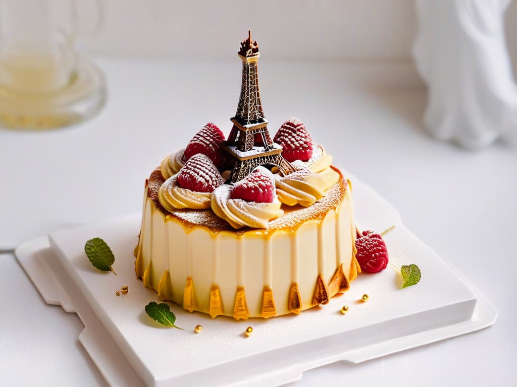  A highresolution, minimalist image of a delicate and intricate Eiffel Towershaped pastry, adorned with edible gold leaf and surrounded by a scattering of fresh raspberries and mint leaves on a pristine white porcelain plate. The pastry is perfectly symmetrical, with each layer of flaky pastry and creamy filling visible through the translucent glaze that shimmers in the soft natural light. The background is softly blurred to keep the focus solely on the exquisite dessert, showcasing the craftsmanship and artistry of Parisian pastry chefs. hyperrealistic, full body, detailed clothing, highly detailed, cinematic lighting, stunningly beautiful, intricate, sharp focus, f/1. 8, 85mm, (centered image composition), (professionally color graded), ((bright soft diffused light)), volumetric fog, trending on instagram, trending on tumblr, HDR 4K, 8K