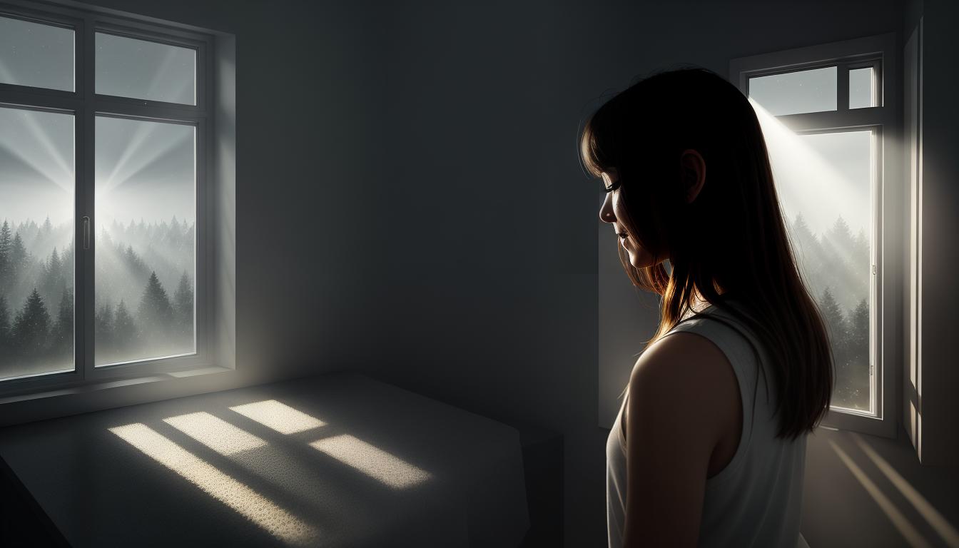  digital illustration, A person opening a window, rays of light streaming in, dark room transforming with the light, figure radiates positivity, inviting new interactions, openness, warmth, looking at viewer, dynamic pose, (intricate details, masterpiece, best quality)