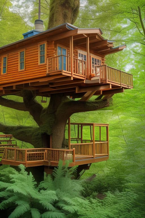 dvarchmodern Зеленный лес с рекой. This tree house. The blossoms are blooming above the roof of the cabin. The flowers are blue turning to blue, red, yellow. hyperrealistic, full body, detailed clothing, highly detailed, cinematic lighting, stunningly beautiful, intricate, sharp focus, f/1. 8, 85mm, (centered image composition), (professionally color graded), ((bright soft diffused light)), volumetric fog, trending on instagram, trending on tumblr, HDR 4K, 8K