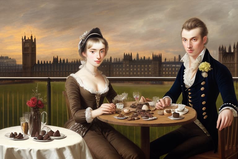  attractive young English couple dressed in modern designer outfits who are romantically together in London . Foreground a small plate of fine dark chocolates on a small wooden table. Background dusk lighting at London landmarks. Painting style of Thomas Gainsborough