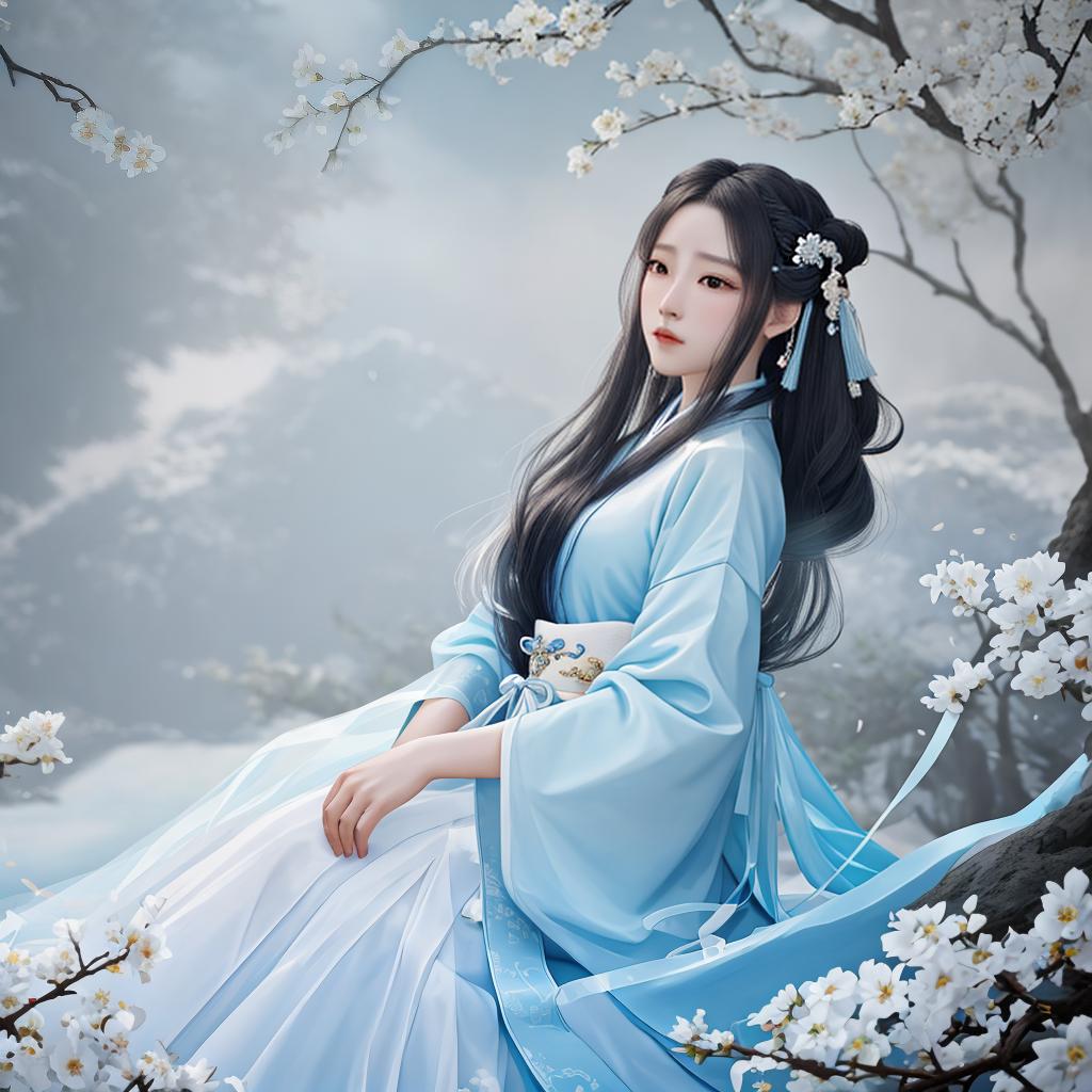  masterpiece, best quality,(fidelity: 1.4), best quality, masterpiece, ultra high resolution, poster, fantasy art, very detailed face, 8k resolution, chinese style, a woman, side profile, quiet, translucent hanfu, warring states robe, black long hair, light blue tassels hair accessory, hair clip, transparent white ribbon