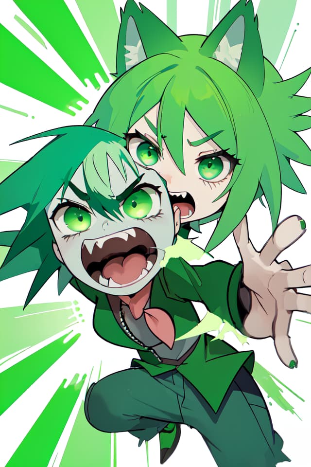  Green hair character jagged teeth, shouting Ana