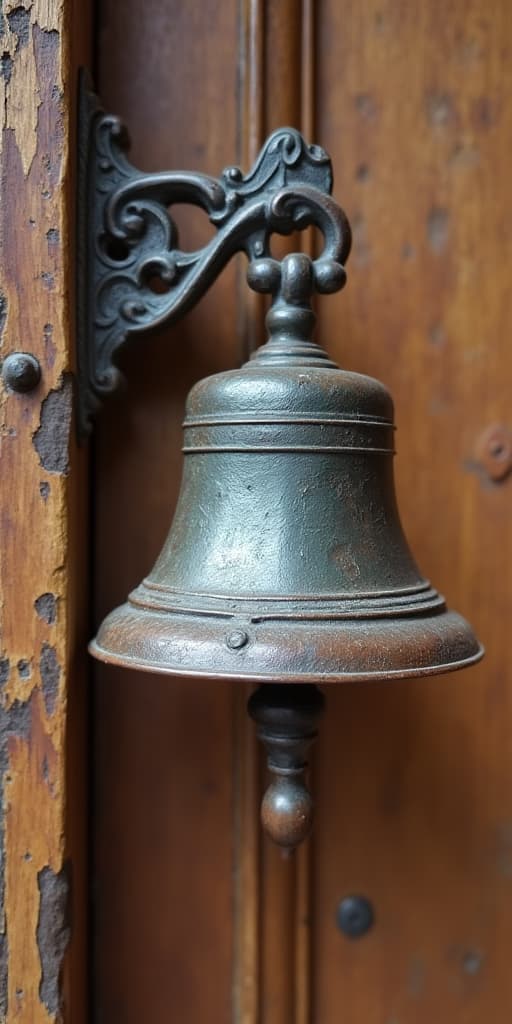  good quality, high quality, old rusty metal bell hanging on wooden door