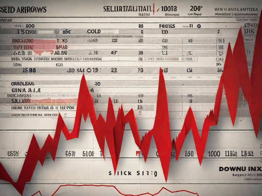  A graphic of a stock market crash with red arrows pointing downwards, superimposed on an image of the Ibovespa index chart, with the word "SELIC" in bold text. digital art, ilustration, no flares, clean hyperrealistic, full body, detailed clothing, highly detailed, cinematic lighting, stunningly beautiful, intricate, sharp focus, f/1. 8, 85mm, (centered image composition), (professionally color graded), ((bright soft diffused light)), volumetric fog, trending on instagram, trending on tumblr, HDR 4K, 8K