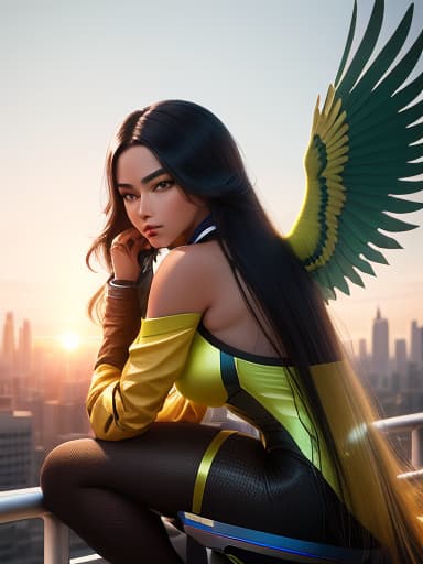  Futuristic young woman, long black hair, tanned skin, shoulder perch, vibrating green and gold bird, amidst a summer cityscape abundant in greenery, backlit by a setting sun infusing the scene with golden hues, a ballet of nature and advanced technology, digital painting, golden ratio, ultra-realistic, vibrant colors., hyperrealistic, high quality, highly detailed, perfect lighting, intricate, sharp focus, f/1. 8, 85mm, (centered image composition), (professionally color graded), ((bright soft diffused light)), trending on instagram, HDR 4K, 8K