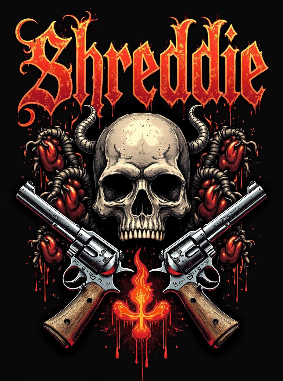  good quality, high quality, death metal shirt design. there are designs related to metal music. fire and abstract shapes. organs are strewn about. the letters "shreddie" on top of the design with epic font. wild western themes and design elements are on the shirt as well. revolvers and outlaw elements. gore and blood.