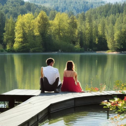  two lovers are sitting on the porch of a fabulous house by the lake shore