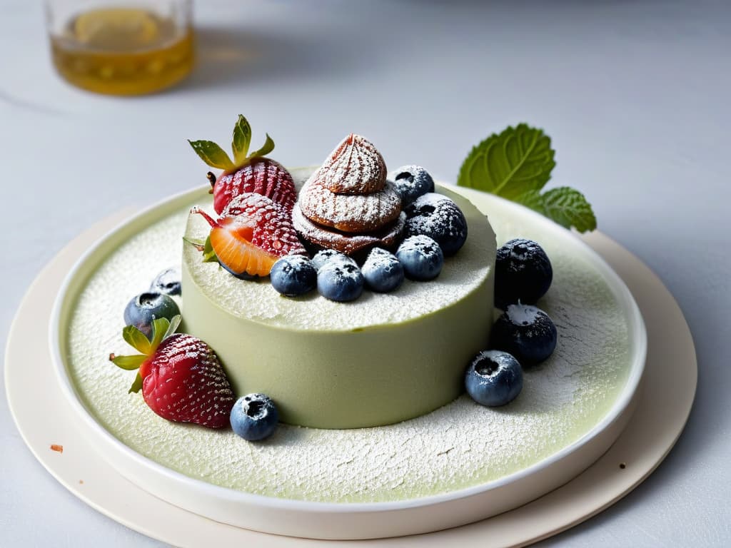  A closeup, ultradetailed image of a perfectly arranged, minimalist dessert plate featuring a decadent ketofriendly dessert. The dessert is elegantly garnished with fresh berries, a dusting of powdered sugar substitute, and a delicate mint leaf for a pop of color. The plate sits on a sleek, modern table setting with subtle lighting that highlights the textures and colors of the dessert, creating a visually striking and sophisticated composition. hyperrealistic, full body, detailed clothing, highly detailed, cinematic lighting, stunningly beautiful, intricate, sharp focus, f/1. 8, 85mm, (centered image composition), (professionally color graded), ((bright soft diffused light)), volumetric fog, trending on instagram, trending on tumblr, HDR 4K, 8K