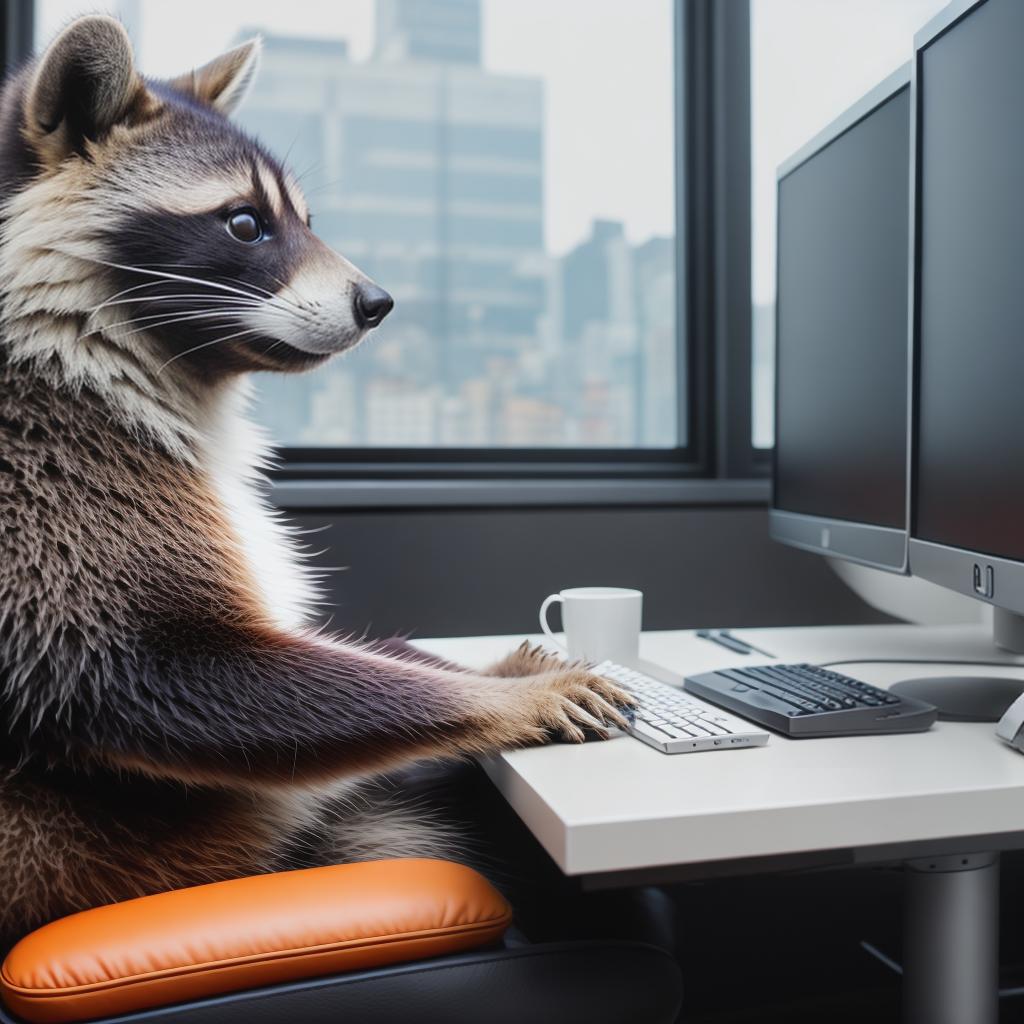  raccoon sitting in gaming chair front a computer on desktop, ((semi anthropomorphic)),(full body), tail, belly, sitting, fat, (chubby), (((white background))), solo, desktop, gaming chair, side view,  [[[clothes]]] hyperrealistic, full body, detailed clothing, highly detailed, cinematic lighting, stunningly beautiful, intricate, sharp focus, f/1. 8, 85mm, (centered image composition), (professionally color graded), ((bright soft diffused light)), volumetric fog, trending on instagram, trending on tumblr, HDR 4K, 8K