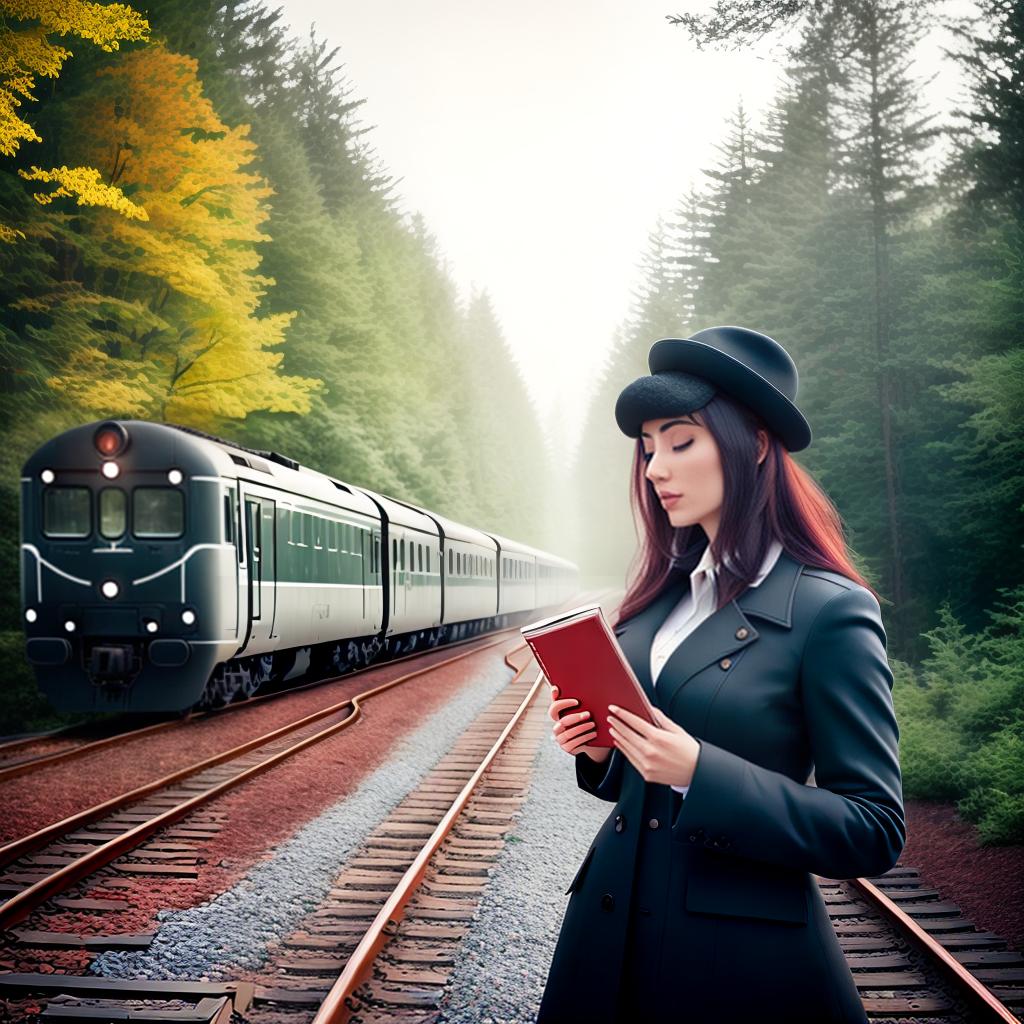  A beautiful girl with a book in her hands, the book has the word "IZZI" written on it, against the backdrop of a New Year train and a forest with trees hyperrealistic, full body, detailed clothing, highly detailed, cinematic lighting, stunningly beautiful, intricate, sharp focus, f/1. 8, 85mm, (centered image composition), (professionally color graded), ((bright soft diffused light)), volumetric fog, trending on instagram, trending on tumblr, HDR 4K, 8K
