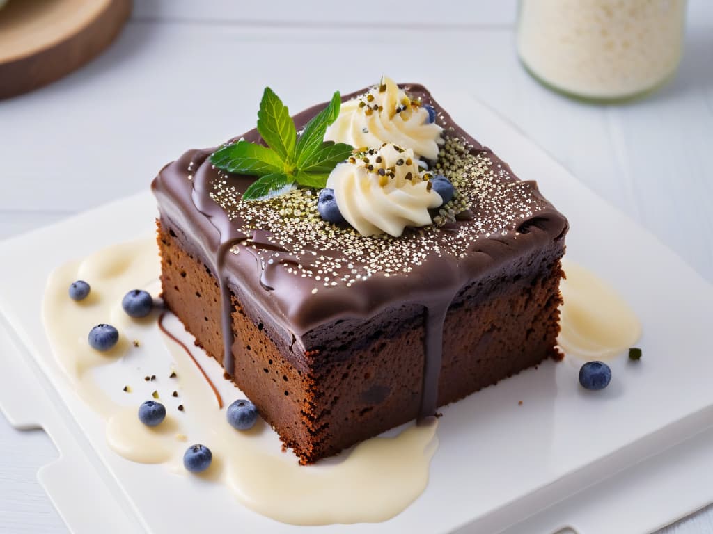  An ultradetailed image of a decadent chocolate hemp protein brownie, topped with a drizzle of creamy hemp seed icing and garnished with a sprinkle of crushed hemp seeds. The brownie is placed on a sleek, modern white plate, set against a clean, minimalist backdrop to emphasize the rich texture and indulgent nature of the dessert. hyperrealistic, full body, detailed clothing, highly detailed, cinematic lighting, stunningly beautiful, intricate, sharp focus, f/1. 8, 85mm, (centered image composition), (professionally color graded), ((bright soft diffused light)), volumetric fog, trending on instagram, trending on tumblr, HDR 4K, 8K