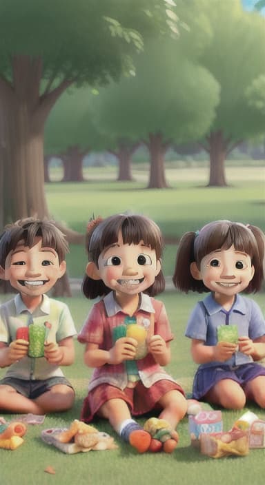  {Kids sitting around a picnic blanket, enjoying juice boxes and snacks., Children happily eating snacks, with crumbs on their faces and big smiles.